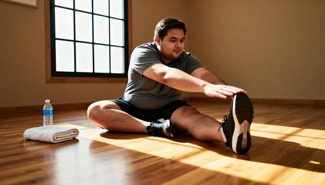 Plus-size man stretching and reaching foot on sunlit wooden studio floor with towel