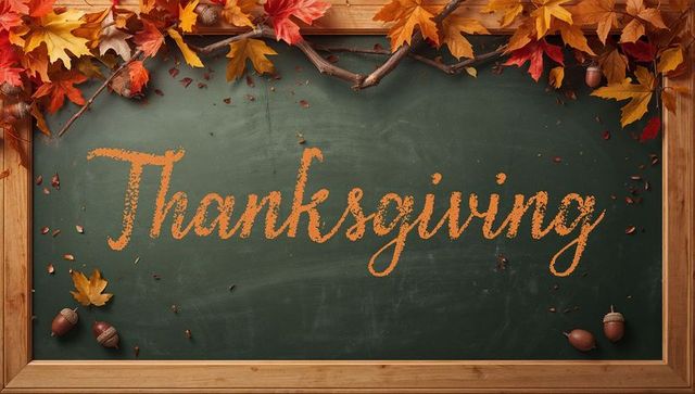 Fall chalkboard thanksgiving sign with autumn leaves, acorns and rustic wood frame