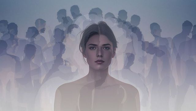 Centered woman with translucent crowd silhouettes creating surreal halo of anonymity