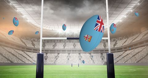 Fiji-themed rugby balls in stadium for sports event concept