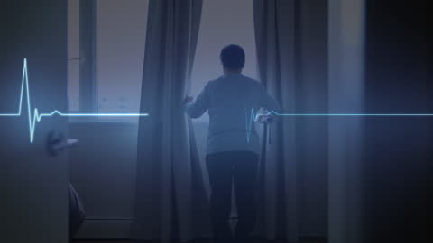 Senior Woman with Cane Contemplating by Window and Heartbeat Overlay