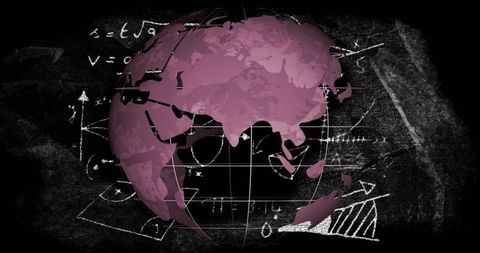 Magenta globe over chalkboard geometry showing asia and australia with grid and math diagrams