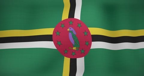 Dominica National Flag Waving With Green Background and Parrot Emblem