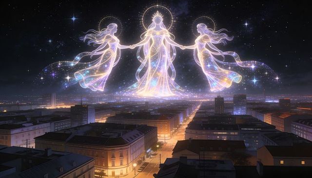 Three celestial maidens floating over night city grid holding hands, stardust halos