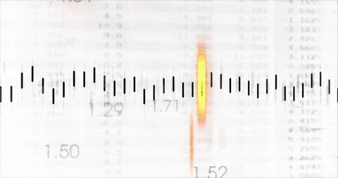 Displaying minimalist financial waveform with glowing orange spike, vertical bar chart and blurred n