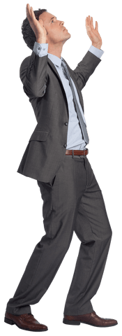 Businessman raising arms celebrating achievement transparent background