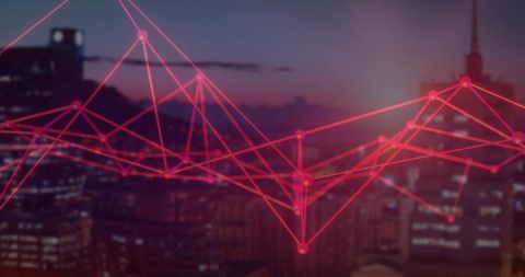 Digital Network Graph over Cityscape at Dusk Representing Connectivity