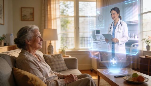 Senior woman consulting holographic doctor at home via telemedicine virtual care