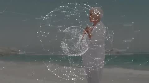 Senior Woman Practicing Tai Chi with Digital Network Visualization on Beach
