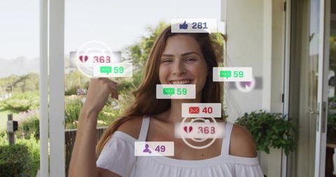 Smiling woman celebrating social media success on porch with notification overlays