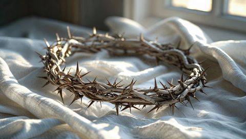 Crown of thorns on soft linen by window light symbolizing jesus' sacrifice