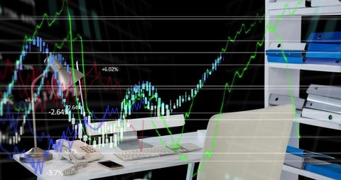 Dynamic Financial Data Charts Over Modern Office Desk