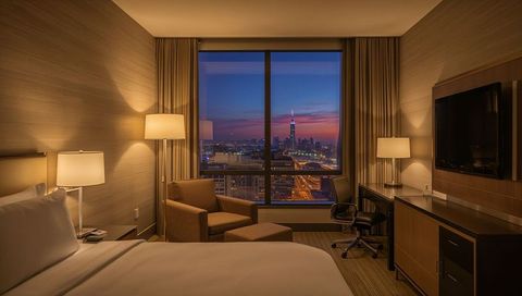 Luxury hotel room featuring king bed, city skyline window view and warm evening lighting