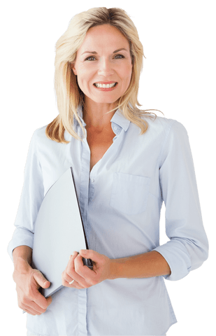 Smiling businesswoman holding documents on transparent background