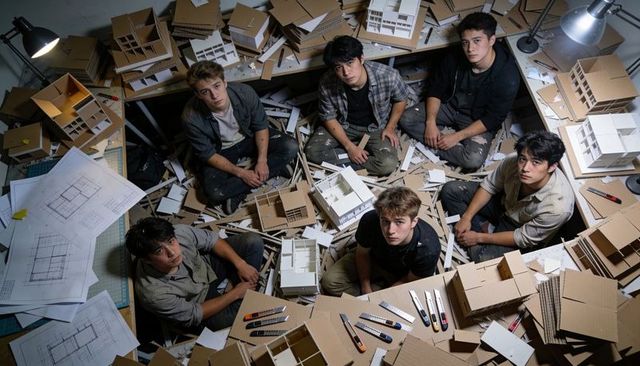Architecture students collaborating on cardboard scale models in crowded design workshop
