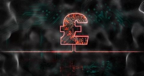 Futuristic glowing british pound sign with circuit patterns
