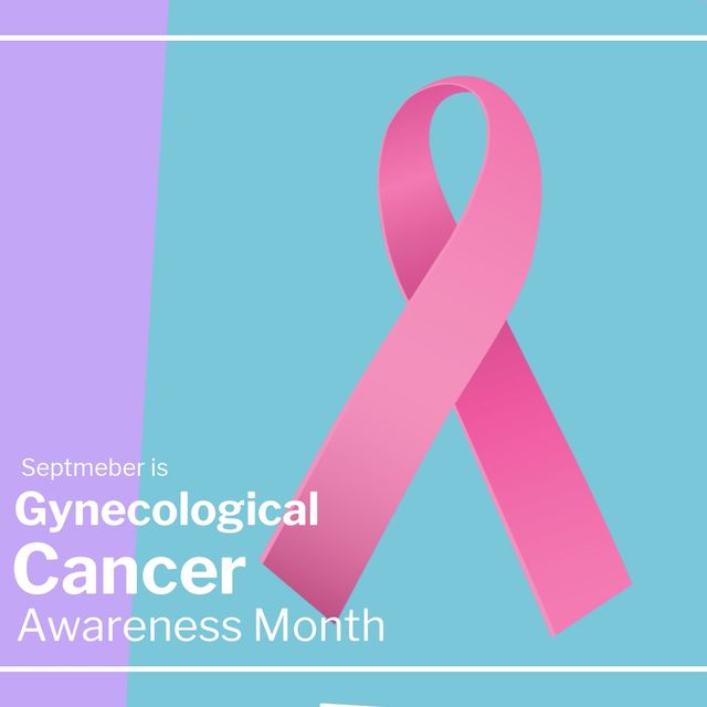 Illustration of pink awareness ribbon and september is gynecological cancer awareness month text. Blue, purple, copy space, vector, cervical cancer, awareness, support, healthcare and prevention.