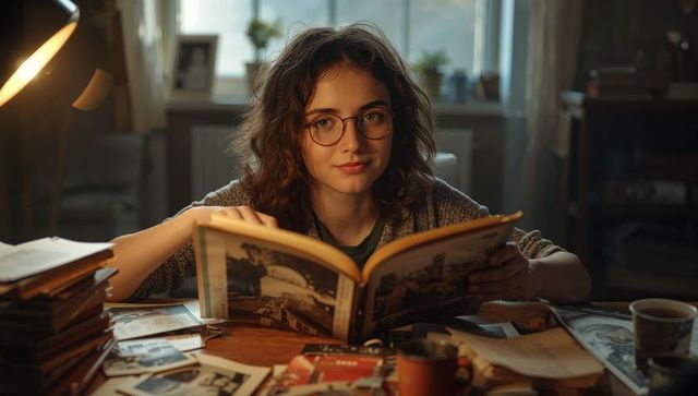 Young student reading vintage illustrated book at cozy study desk under warm lamp wearing glasses