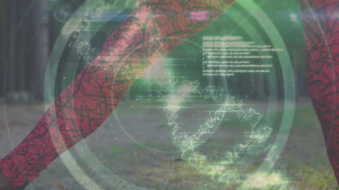 Animated Tech Overlay on Athlete Stretching with DNA Visualization