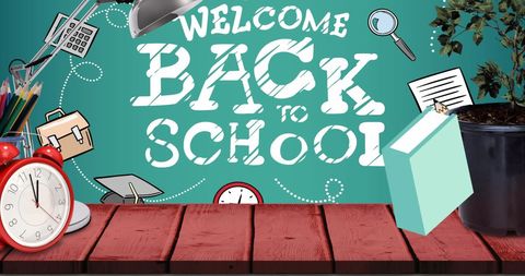 Welcome back to school with colorful supplies and icons