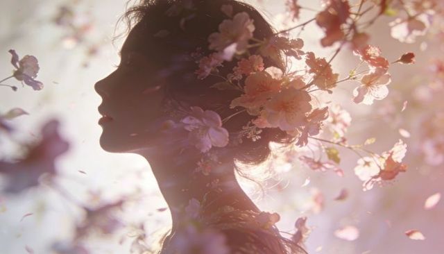 Silhouette woman wearing floral headpiece catching warm backlight with falling petals