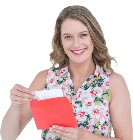 Smiling Woman Holding Letter and Red Envelope on Transparent Background