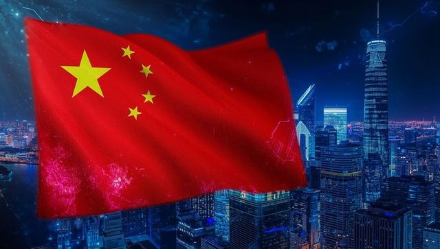 Chinese flag over urban night skyline, futuristic cityscape