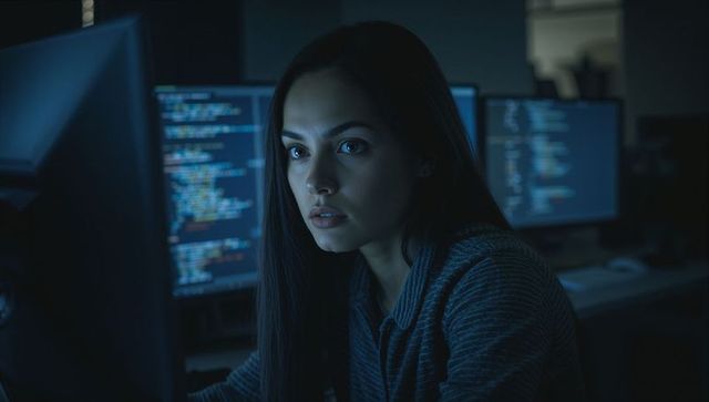 Focused female programmer coding late with monitors and blue code glow in dim workspace