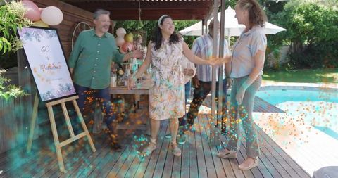 60th Birthday Backyard Celebration with Friends Greeting by Poolside Pergola, Pastel Decor