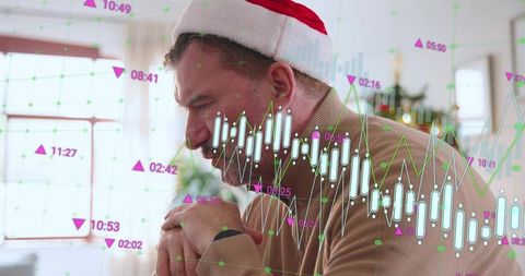 Trader wearing santa hat studying stock charts at home, contemplating holiday markets