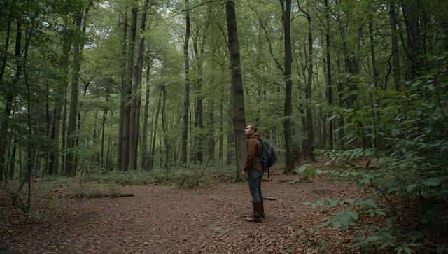 Solo hiker exploring green beech forest with backpack on leaf-strewn trail, moody overcast
