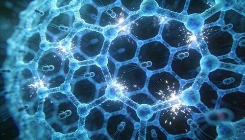 Cyan neon hexagonal nano lattice pulsating with electric sparks and drifting capsules