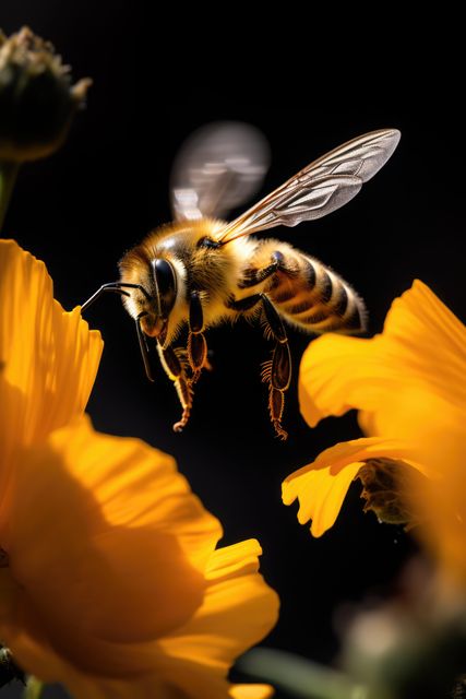 Close up of bee hovering by yellow flowers in sun, created using generative ai technology. Feeding, insects, nature, summer and wildlife concept digitally generated image.