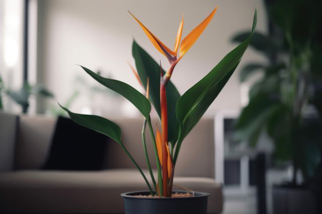 Bird of Paradise plant thriving in modern living room interior. Perfect for decorating websites, interior design inspiration, and promoting indoor gardening products.