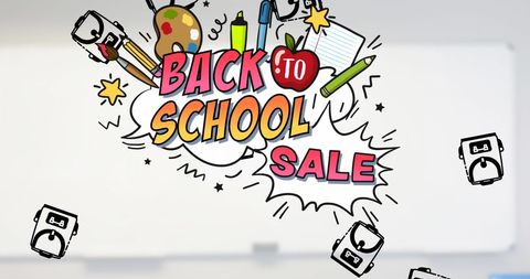 Colorful back to school sale advertisement over classroom background