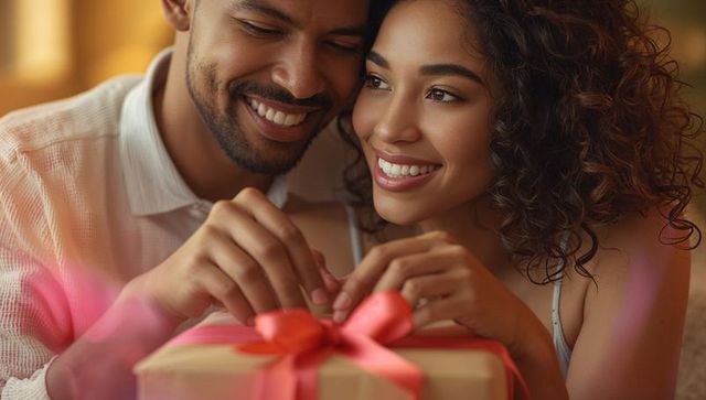 Joyful Couple Unwrapping Gift in Cozy Living Room Setting