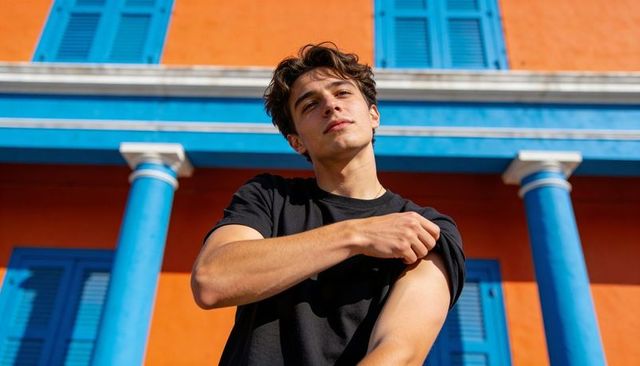 Young man rolling up sleeve on vibrant mediterranean orange and blue facade portrait