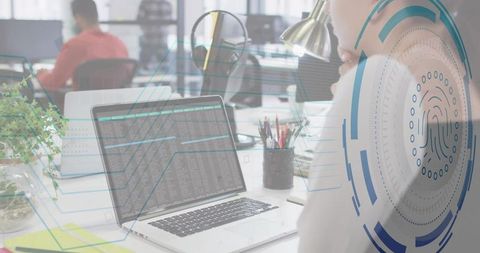 Biometric fingerprint security HUD over woman using laptop in open coworking office with code