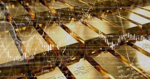 Financial Data Overlay on Stacked Gold Bars