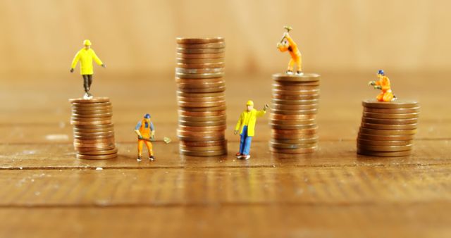 Miniature construction workers are standing on and climbing stacks of coins, symbolizing economic growth, saving money, and investment efforts. The image conveys the concept of financial build-up and hard work. It can be used for topics involving personal finance, investing strategy, saving for the future, and building wealth.