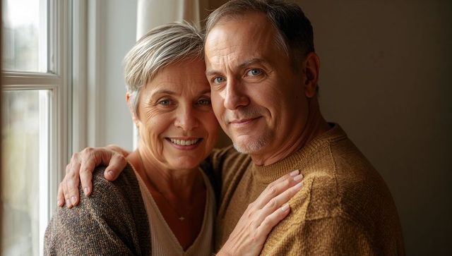 Affectionate senior couple smiling together by window, cozy knit sweaters, warm daylight
