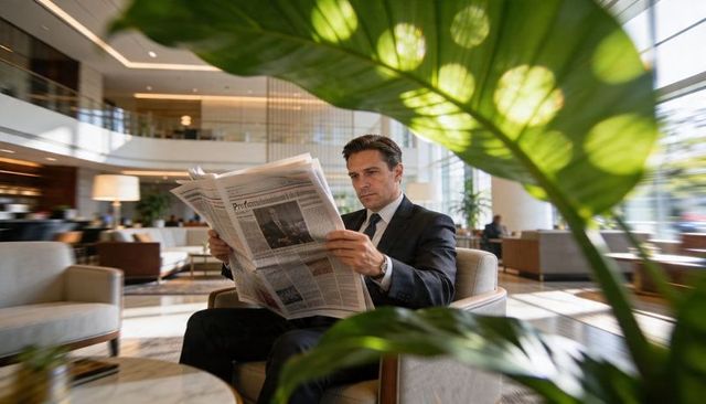 Executive reading broadsheet in upscale hotel lobby with modern mezzanine and plants