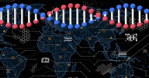 Futuristic dna helix overlaying global digital map for biotech network data visualization