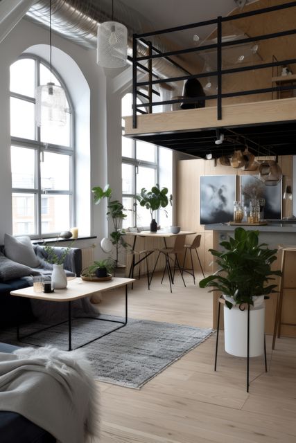 Bright Scandinavian loft living room features modern decor with mezzanine. Natural light floods through large windows, highlighting wooden flooring and cozy furnishings. Ideal for showcasing modern interior design, home decor inspiration, and living space transformation.