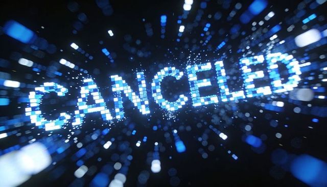 Glowing CANCELED neon pixels forming digital sign, radiating blue burst and motion streaks