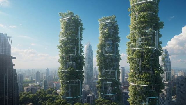 Futuristic green towers with vertical gardens and sustainable design