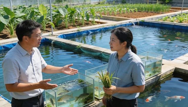 Inspecting rice-fish aquaculture: farmers discussing seedlings and koi in pond tanks