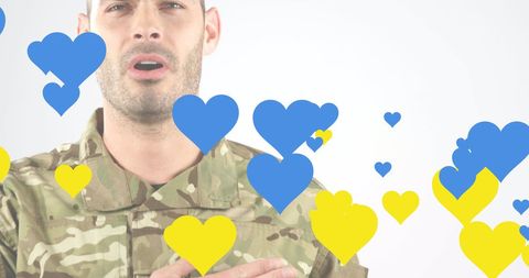 Support for Ukraine: Military Man with Patriotic Hearts Overlay