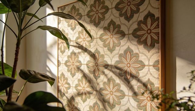 Sunlit floral textile panel in wooden frame casting leafy plant shadows on interior wall