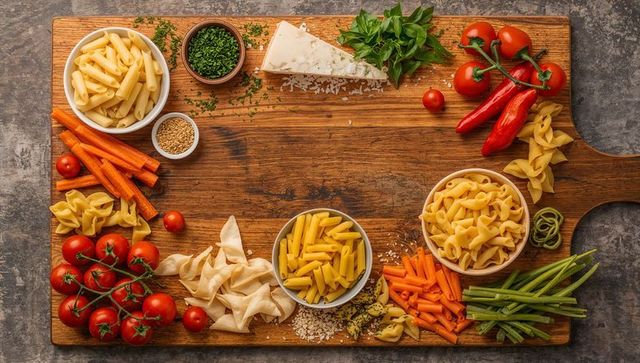 Rustic pasta ingredients flatlay on wooden cutting board with tomatoes, parmesan, basil